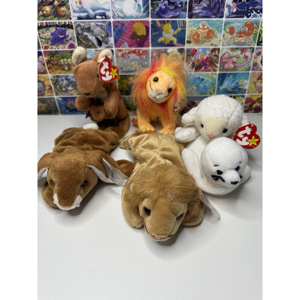 Ty Beanie Babies Lot of 6 Ears Seamore Roary Fleece Bushy Pouch Plush